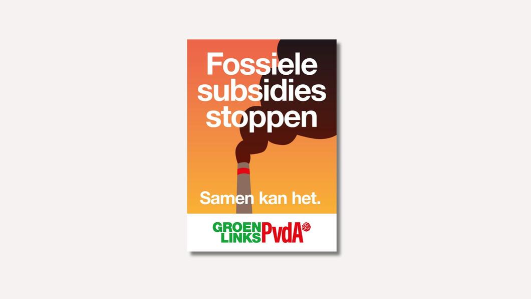 Fossiele subsidies stoppen campagnefoto GroenLinks-PvdA op beige achtergrond