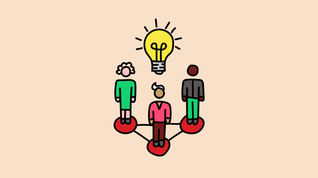 3 poppetjes die verbonden zijn met elkaar en een idee hebben