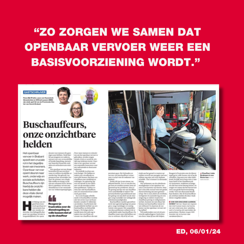 Screenshot van het artikel in het ED met daarboven de quote "Zo zorgen we samen dat het openbaar vervoer weer een basisvoorziening wordt."